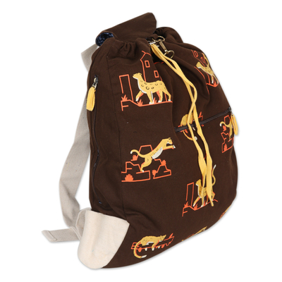 Cotton canvas backpack, 'Cheetahs in The City' - Artisan Crafted Cotton Canvas Backpack with Cheetah Print