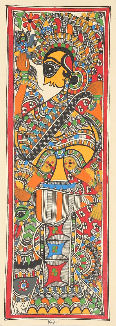 Handmade Paper Madhubani Painting of Saraswati from India