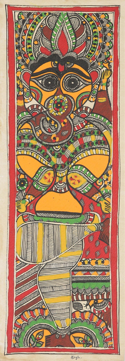 Handmade Paper Madhubani Painting of Ganesha in Lalitasana