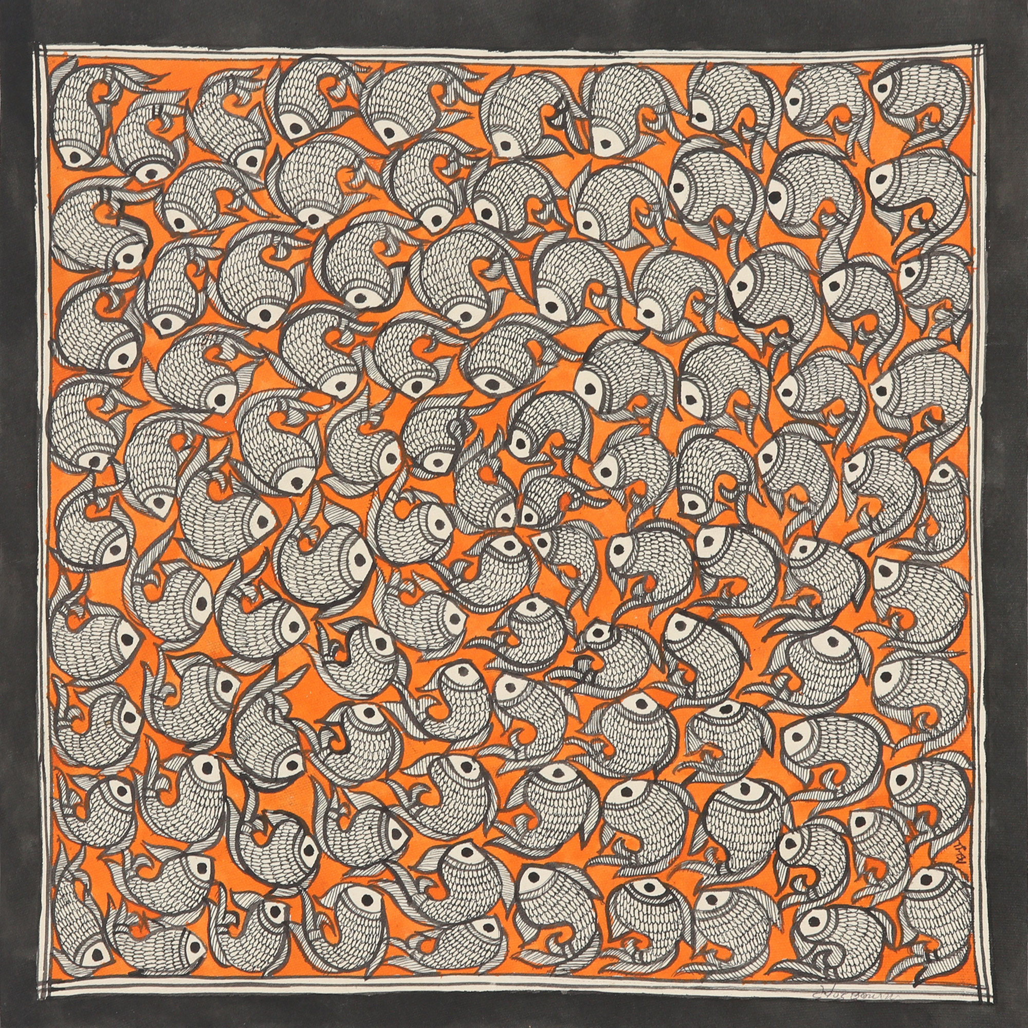 Signed Madhubani Painting of Fish over Orange Background - Fish Tale II |  NOVICA