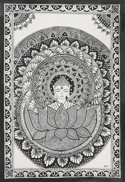 Signed Madhubani Buddha Painting in Black and White