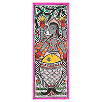 Madhubani painting, 'Lord Matsya Vishnu' - Matsya Madhubani Painting in Colorful Palette from India