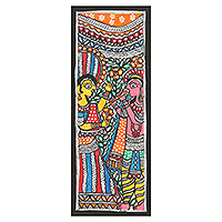 Madhubani painting, 'Divine Love' - Signed Colorful Madhubani Painting of Radha and Krishna