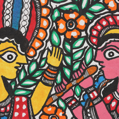 pintura madhubani - Pintura colorida Madhubani firmada de Radha y Krishna
