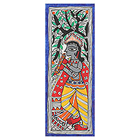Madhubani painting, 'Majestic Krishna' - Signed Colorful Madhubani Painting of Krishna