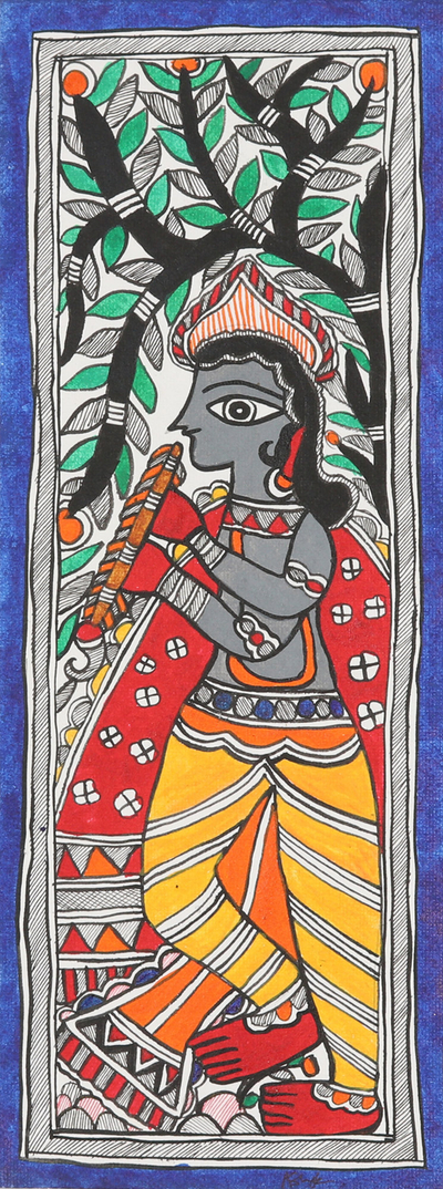 Signed Colorful Madhubani Painting of Krishna