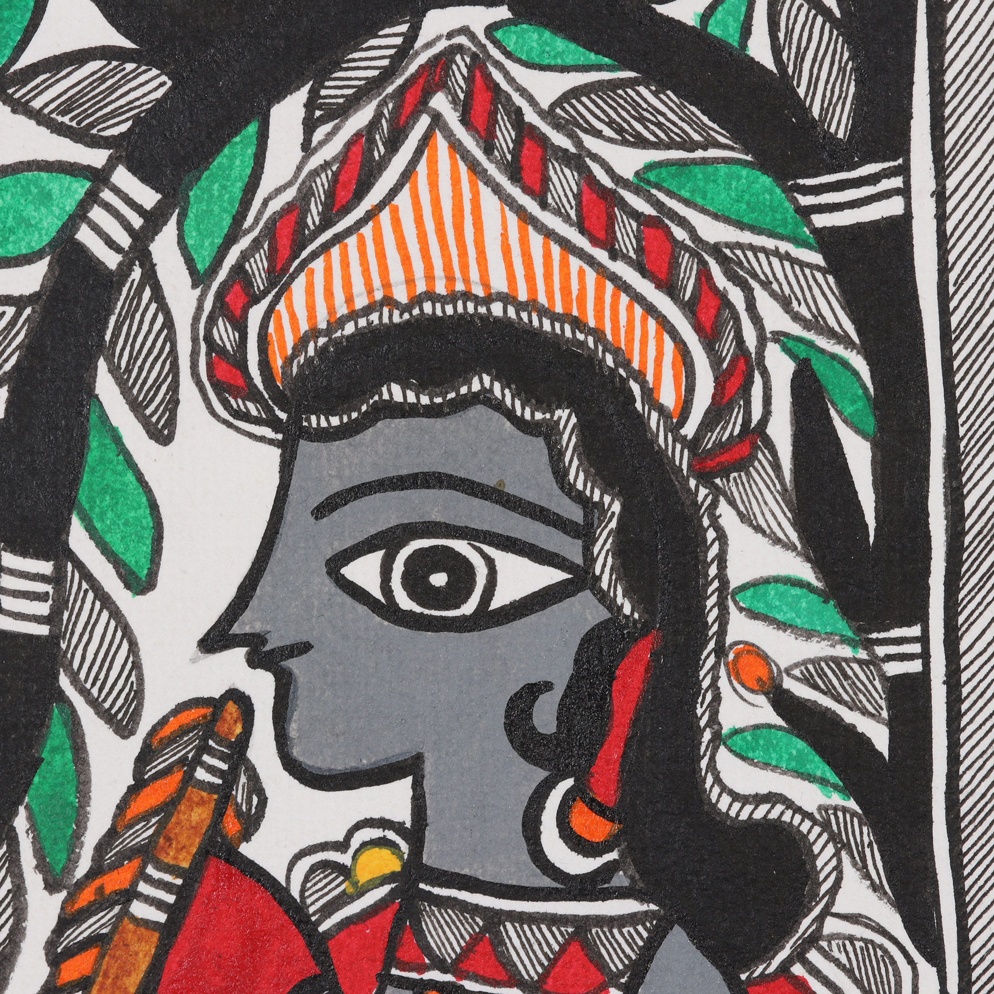 Signed Colorful Madhubani Painting of Krishna - Majestic Krishna | NOVICA