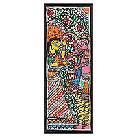 Pintura Madhubani, 'El matrimonio de Sita y Rama' - Pintura madhubani colorida firmada de Sita y Rama
