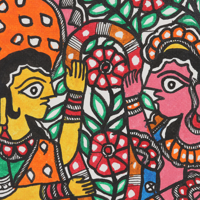 Madhubani painting, 'Sita and Rama Marriage' - Signed colourful Madhubani Painting of Sita and Rama