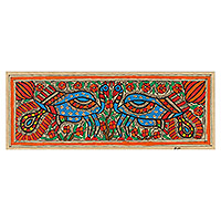 Madhubani-Gemälde, „Freundliche Grüße“ – signiertes Madhubani-Gemälde mit bunten Pfauen
