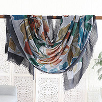 Wool shawl, 'Kolkata Blossoms' - Floral Wool Shawl with Fringes and Hand-Embroidered Accents