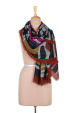 Wool shawl, 'Creative Combination' - Fringed Wool Shawl with Screen-Printed and Stitching Accents
