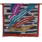 Wool shawl, 'Creative Combination' - Fringed Wool Shawl with Screen-Printed and Stitching Accents