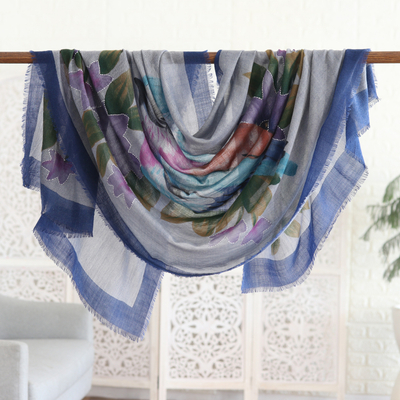 Wool shawl, 'Singing Bird' - Woven Fringed Wool Shawl with Floral Leaf and Bird Motifs