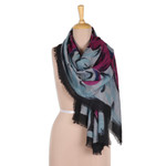 Wool shawl, 'Magenta Blossoms' - Woven Fringed Wool Shawl with Floral and Stitching Accents