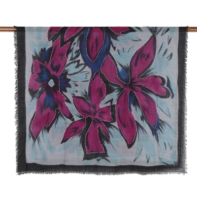 Wool shawl, 'Magenta Blossoms' - Woven Fringed Wool Shawl with Floral and Stitching Accents