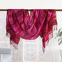 Tie-dyed wool shawl, 'Fuchsia Calm' - Shibori Tye-Dye Wool Fuchsia Shawl with Fringes