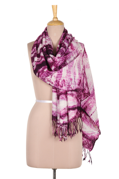Tie-dyed wool shawl, 'Purple Spectacle' - Handcrafted Shibori Tie-Dyed Wool Shawl in Purple Tones