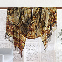 Tie-dyed wool shawl, 'Warm Spectacle' - Handcrafted Shibori Tie-Dyed Wool Shawl in Warm Tones