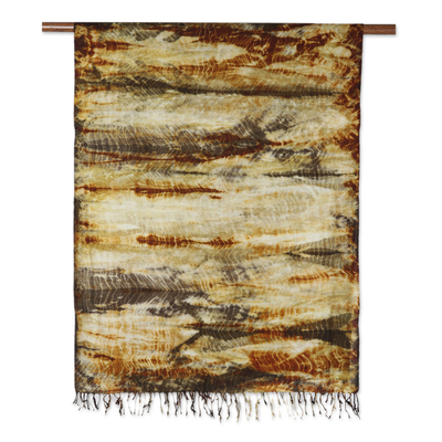 Tie-dyed wool shawl, 'Warm Spectacle' - Handcrafted Shibori Tie-Dyed Wool Shawl in Warm Tones