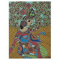 Pintura Madhubani, 'Sublime Krishna' - Pintura Krishna Madhubani sobre papel hecho a mano de la India
