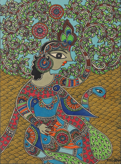 Madhubani-Gemälde - Krishna Madhubani Malerei auf handgeschöpftem Papier aus Indien