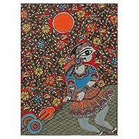 Madhubani painting, 'Bachpan' - Child Play Madhubani Painting on Handmade Paper from India