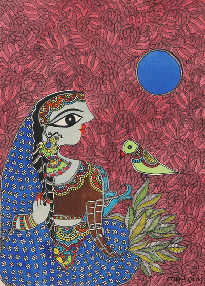 Madhubani painting, 'Conversation with A Bird' - Woman & Bird Madhubani Painting on Handmade Paper from India