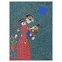 Pintura Madhubani, 'Parvati & Ganesha - Maternidad' - Pintura Parvati & Ganesha Madhubani sobre papel de la India