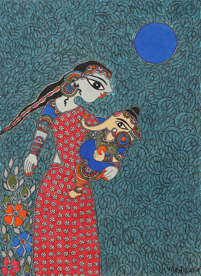 Madhubani painting, 'Parvati & Ganesha - Motherhood' - Parvati & Ganesha Madhubani Painting on Paper from India