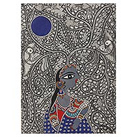 Madhubani painting, 'My Solitude' - Woman Madhubani Painting on Handmade Paper from India
