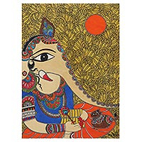 Pintura de Madhubani, 'Dios de la sabiduría y la buena fortuna' - Pintura de Ganesha Madhubani sobre papel hecho a mano de la India