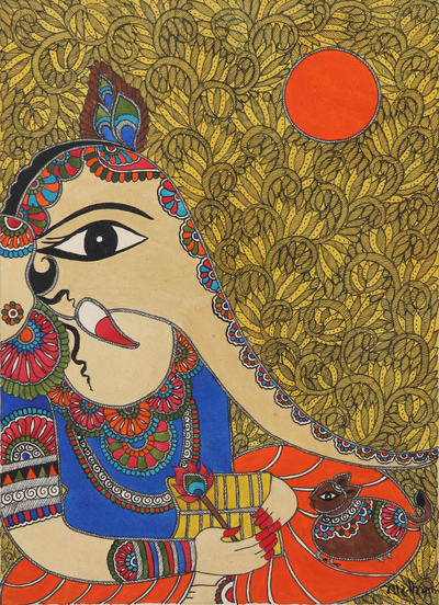 Madhubani painting, 'God of Wisdom and Good Fortune' - Ganesha Madhubani Painting on Handmade Paper from India