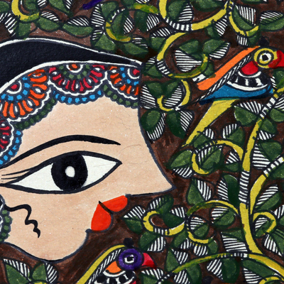Madhubani painting, 'Talking with Nature' - Woman & Bird Madhubani Painting on Handmade Paper from India