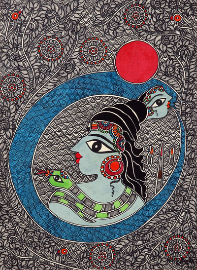 Madhubani-Gemälde, „Gangadhar Shiva“ – Gangadhar Shiva-Acryl und Farbstoffe auf Papier Madhubani-Gemälde