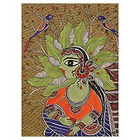 Madhubani painting, 'Resonance' - Woman and Birds Acrylic and Dyes on Paper Madhubani Painting