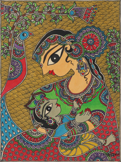 Madhubani painting, 'Yashoda with Krishna' - Yashoda Krishna Acrylic & Dyes on Paper Madhubani Painting