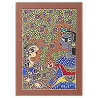Pintura de Madhubani, 'Cuento de amor eterno' - Pintura de Krishna y Radha Madhubani sobre papel de la India