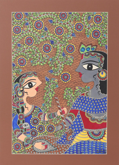 pintura madhubani - Pintura de Krishna y Radha Madhubani sobre papel de la India