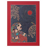 Madhubani-Gemälde, „Gespräch mit einem Vogel II“ – Frau und Vogel Madhubani-Gemälde auf handgeschöpftem Papier aus Indien