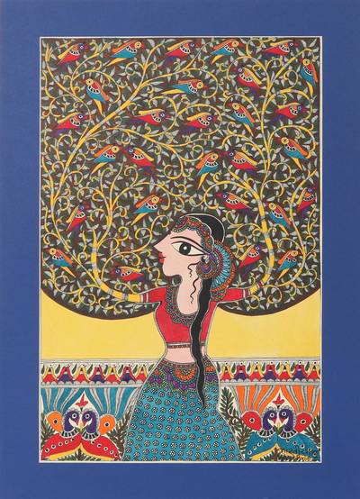 Madhubani painting, 'Mother Nature II' - Mother Nature Madhubani Painting on Paper from India