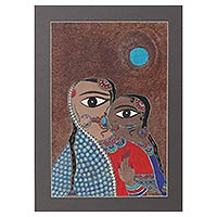 Pintura Madhubani, 'Lazos maternales' - Madre e hija Pintura Madhubani sobre papel de la India