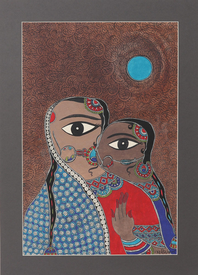 Mother and Daughter Madhubani Painting on Paper from India