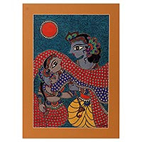 Pintura de Madhubani, 'Radha y Krishna enamorados' - Pintura de Krishna y Radha Madhubani sobre papel de la India