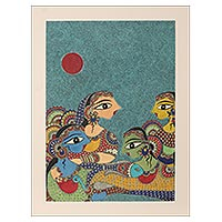 'Radha with Gopies' (2021) - Painting of Hindu Godess Radha in Madhubani Style from India