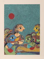 'Radha with Gopies' (2021) - Painting of Hindu Godess Radha in Madhubani Style from India