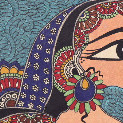 'Radha with Gopies' (2021) - Pintura de la diosa hindú Radha en estilo Madhubani de la India