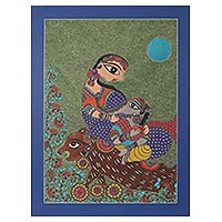 'Ganesha & Parvati' (2017) - Hindu Mythology Figure Madhubani Painting from India