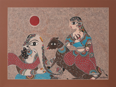 'Parvati Ganesha Saga' (2021) - Elefante Deidad Madhubani estilo pintura de la India