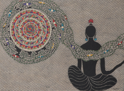 Spiritual Buddhist Madhubani Style Painting from India